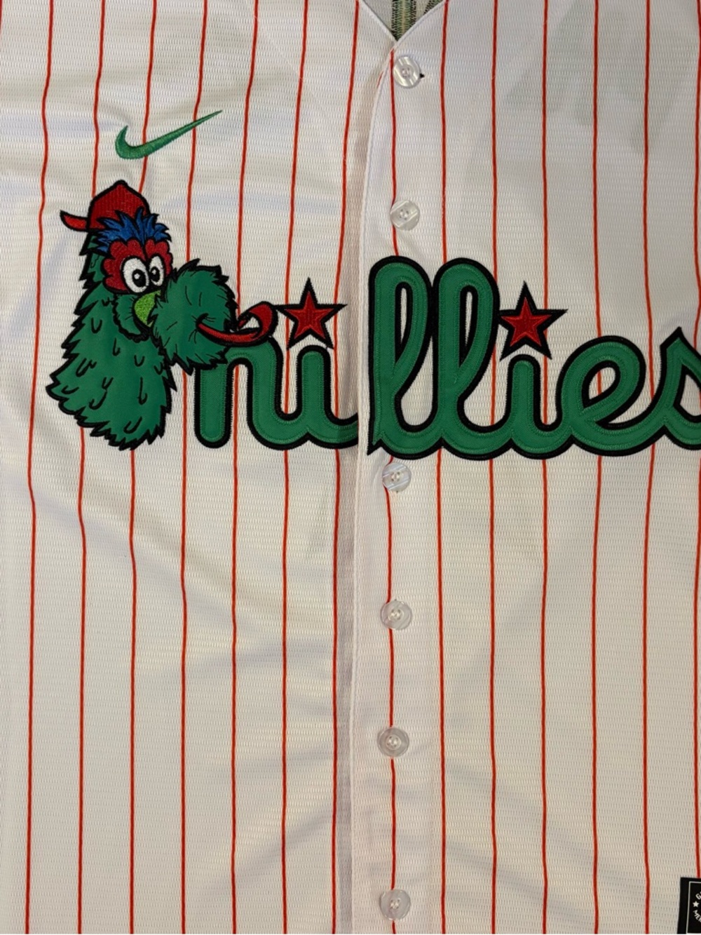 Nike White Pinstripe Phillies Phanatic Jersey with Green Mascot - Picture 2 of 9